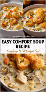 Creamy Chicken Pot Pie Soup in a white bowl garnished with herbs and golden pastry bites